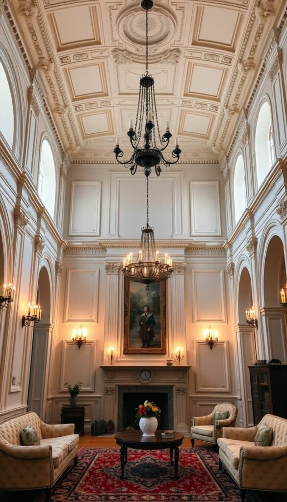 a beautifully lit, high-ceilinged living room with intricate architectural details, including ornate moldings, arched doorways, and a grand fireplace mantel with intricate carvings. Soft, warm lighting from sconces and a large, central chandelier illuminates the space, creating a cozy and inviting atmosphere. The room is furnished with classic, elegant pieces, such as a plush, tufted sofa and armchairs, and a Persian rug. The overall mood is one of refined sophistication and timeless beauty, showcasing the architectural elements as the focal point of the space.