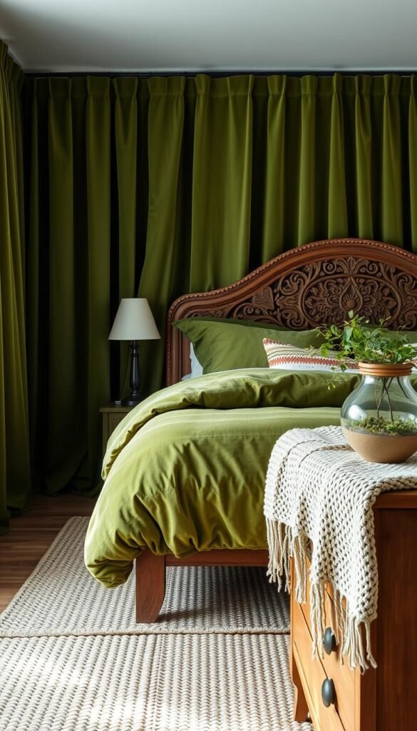 a cozy and inviting textured green bedroom with lush velvet curtains, plush moss-colored bedding, and a wooden headboard with intricate carved patterns. A woven area rug adds warmth underfoot, while a natural wood dresser with a greenery-filled terrarium sits in the foreground. Soft, diffused lighting creates a serene ambiance, illuminating the varied textures of the space - from the chunky knit throw to the ceramic vase holding trailing vines. The overall scene exudes a fresh, earthy, and calming atmosphere.