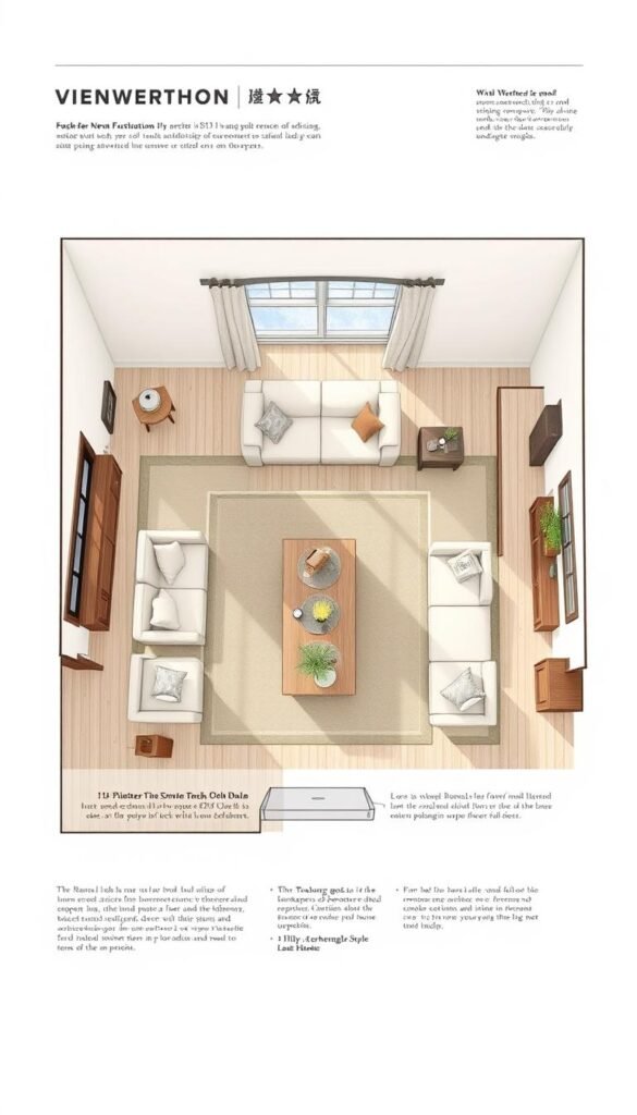 a detailed, high-resolution ranch-style space planning assessment diagram with a clear layout showcasing the key elements of a western ranch-style living room, including the furniture arrangement, lighting, windows, and decor accents. the diagram should have a clean, technical illustration style with a light and airy color palette, subtle textures, and a sense of spaciousness. the perspective should be a top-down view with a slightly elevated angle to provide a comprehensive overview. the lighting should be natural and diffuse, creating soft shadows and highlights to accentuate the architectural features. the overall mood should be one of functional sophistication and rustic elegance, reflecting the "western ranch-style transformation" concept.