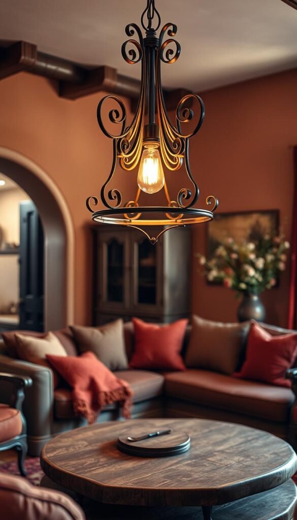 a highly detailed, photorealistic image of a wrought iron lighting design with warm, earthy tones, showcasing its intricate metalwork and elegant silhouette against a backdrop of a cozy, Spanish-style living room. The lighting fixture is the central focus, positioned above a wooden coffee table or side table, casting a soft, ambient glow throughout the space. The room features rich, terracotta-colored walls, plush textiles in muted reds and oranges, and rustic wooden accents, creating a warm and inviting atmosphere. The lighting design is visually striking, with delicate, scrolling patterns and a mix of direct and indirect illumination, perfectly complementing the Spanish-inspired decor.