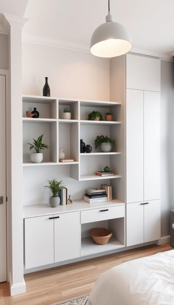 a minimalist, sleek custom wall storage solution in a small bedroom. the unit is flush-mounted on the wall, with clean lines and a neutral color palette of white and gray. it features several open shelves of varying depths, along with a few closed cabinets for hidden storage. the shelves are filled with decorative items, plants, and a few books, creating a balanced and visually interesting display. the lighting is soft and indirect, with a single overhead pendant casting a warm glow. the overall atmosphere is calming and organized, perfectly suited for a small, cozy space.