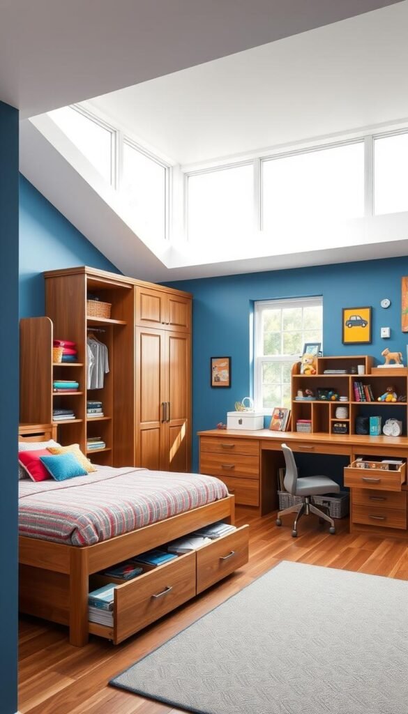 a spacious and well-organized boys bedroom with smart storage solutions. a wooden bed frame with built-in drawers and shelves, providing ample space for storing toys, books, and clothing. next to the bed, a large wardrobe with multiple compartments and hanging rods. in the corner, a study desk with drawers and cubbies to keep school supplies neatly arranged. the room is flooded with natural light from a large window, creating a bright and airy atmosphere. the walls are painted in a calming blue color, complemented by pops of color from vibrant wall art and accessories. the overall scene conveys a sense of order, efficiency, and functionality, catering to the needs of an active and growing boy.
