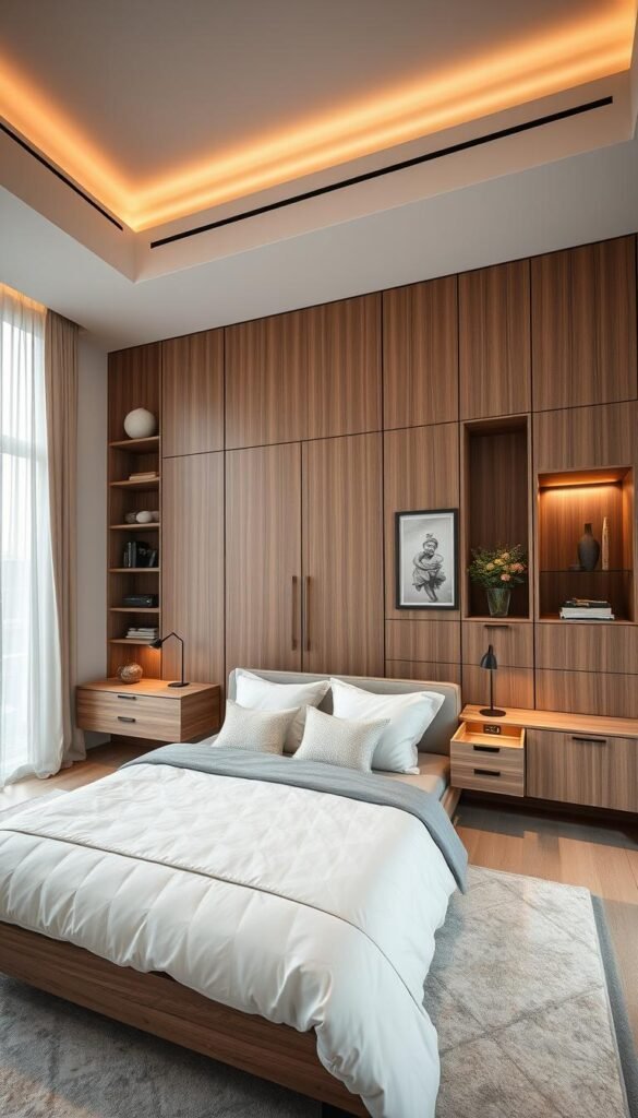high-end modern bedroom with smart, stylish storage solutions, wide-angle shot, soft warm lighting, mid-tone wood furniture and accents, floating shelves, minimalist bedside tables with hidden compartments, built-in wardrobe with streamlined doors, recessed wall alcoves for decor, neutral color palette with pops of greenery, clean lines and elegant textures, cozy yet sophisticated atmosphere high-end modern bedroom with smart, stylish storage solutions, wide-angle shot, soft warm lighting, mid-tone wood furniture and accents, floating shelves, minimalist bedside tables with hidden compartments, built-in wardrobe with streamlined doors, recessed wall alcoves for decor, neutral color palette with pops of greenery, clean lines and elegant textures, cozy yet sophisticated atmosphere