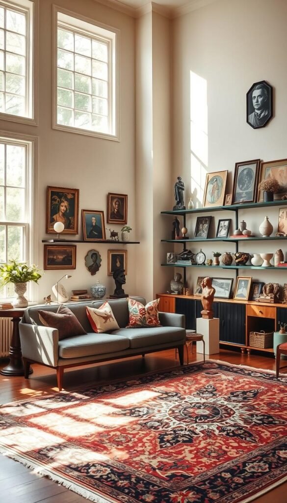 A beautifully curated display of art and personal collections in a bright, airy living space. Sunlight streams through large windows, illuminating a rich, neutral color palette and carefully arranged shelves and pedestals showcasing an eclectic mix of paintings, sculptures, pottery, and cherished trinkets. A mid-century modern sofa provides a comfortable focal point, while a large, ornate area rug grounds the space. The mood is one of refined elegance and refined taste, inviting the viewer to pause and appreciate the owner's thoughtful curation of meaningful objects. A beautifully curated display of art and personal collections in a bright, airy living space. Sunlight streams through large windows, illuminating a rich, neutral color palette and carefully arranged shelves and pedestals showcasing an eclectic mix of paintings, sculptures, pottery, and cherished trinkets. A mid-century modern sofa provides a comfortable focal point, while a large, ornate area rug grounds the space. The mood is one of refined elegance and refined taste, inviting the viewer to pause and appreciate the owner's thoughtful curation of meaningful objects.