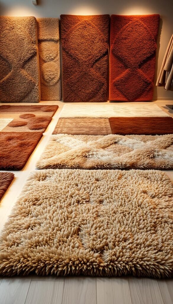 A beautifully curated selection of plush, textured brown living room rugs laid out in a cozy, well-lit showroom. The rugs are arranged in a visually appealing manner, showcasing their rich hues, intricate patterns, and luxurious pile. The lighting is warm and inviting, casting a soft glow that highlights the natural beauty of the materials. The rugs are presented in a way that allows the viewer to imagine how they would anchor and enhance a modern, cozy living space. The overall atmosphere is one of sophistication, comfort, and style, perfectly capturing the essence of the "Modern Brown Living Room Ideas for Warm, Cozy Homes" article.