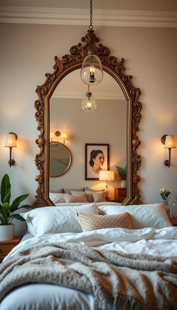 A beautifully designed, well-lit bedroom interior with a large, ornate mirror prominently displayed on the wall. The mirror is the focal point, creating a captivating illusion of depth and spaciousness. Soft, warm lighting from sconces and a central pendant fixture bathes the room in a cozy, inviting glow. The mirror's intricate, ornamental frame adds an elegant, sophisticated touch. Carefully arranged decor, including lush plants, plush textiles, and minimal accessories, complement the mirror's visually expansive effect. The overall scene exudes a serene, calming atmosphere, conveying how mirrors can effectively make a small bedroom feel airy and open.