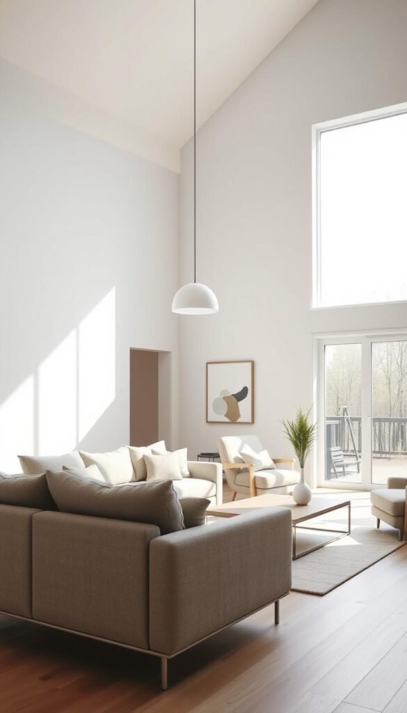 A beautifully minimalist and serene Scandinavian living room with clean lines, natural light, and a calming palette. The focal point is a large, airy window that bathes the room in soft, diffused daylight. In the foreground, a plush, neutral-colored sofa and armchair invite relaxation, accented by a sleek, low-profile coffee table. The middle ground showcases a simple, yet elegant lighting fixture suspended from the high ceiling. In the background, a muted, wooden accent wall and a few carefully curated decorative elements, such as a potted plant and a single piece of abstract artwork, complete the refined, harmonious aesthetic. The overall scene conveys a sense of tranquility, function, and timeless Scandinavian design philosophy.