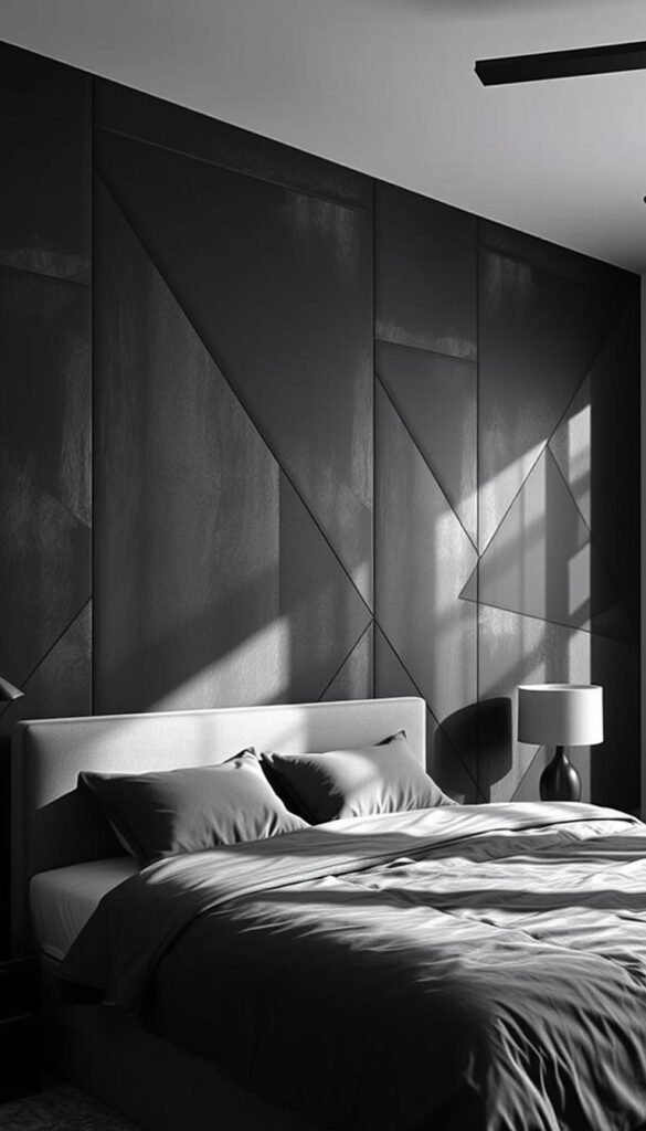 A bold, masculine feature wall design with a sleek, contemporary aesthetic. A large, dramatic geometric pattern in shades of charcoal and black, with subtle metallic accents, covers the entire wall. Dramatic side lighting casts dramatic shadows, adding depth and texture. The overall effect is one of understated sophistication and power, creating a striking focal point for the bedroom space.