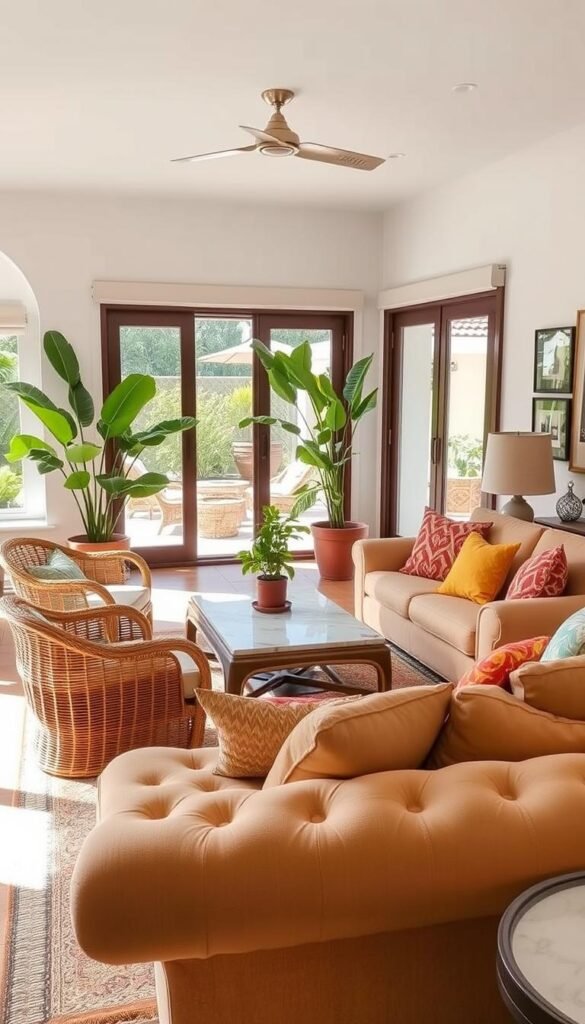 A bright, airy Mediterranean living room filled with comfortable, well-crafted furniture. In the foreground, a plush, tufted sofa in a warm beige hue, accented with colorful throw pillows. To the side, a rattan armchair with woven detailing, inviting relaxation. In the middle ground, a low, wooden coffee table with a marble top, surrounded by lush potted plants. The background features large windows overlooking a sun-drenched patio, allowing natural light to flood the space. The overall atmosphere is one of casual elegance, blending traditional Mediterranean influences with modern, functional design. A bright, airy Mediterranean living room filled with comfortable, well-crafted furniture. In the foreground, a plush, tufted sofa in a warm beige hue, accented with colorful throw pillows. To the side, a rattan armchair with woven detailing, inviting relaxation. In the middle ground, a low, wooden coffee table with a marble top, surrounded by lush potted plants. The background features large windows overlooking a sun-drenched patio, allowing natural light to flood the space. The overall atmosphere is one of casual elegance, blending traditional Mediterranean influences with modern, functional design.