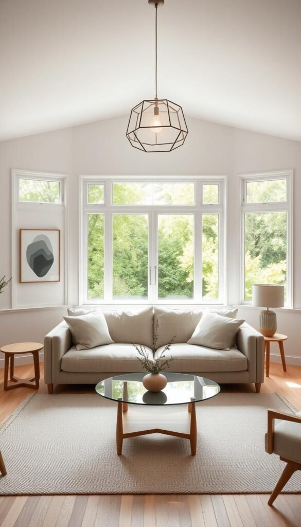 A bright, airy Scandinavian living room filled with natural light. A plush, neutral-toned sofa is the focal point, accented by sleek wooden side tables and a minimalist, glass-topped coffee table. Hanging above is a modern, geometric light fixture that casts a soft, ambient glow. The walls are adorned with simple, nature-inspired artwork, complementing the room's serene, organic atmosphere. Large windows overlooking a lush, verdant landscape create a seamless indoor-outdoor flow, embodying the Scandinavian design principle of bringing the outdoors in. Soft textures, clean lines, and a muted color palette come together to exude a sense of tranquil, refined elegance.