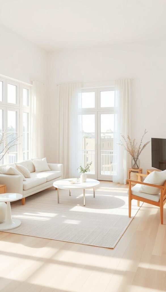 A bright, airy Scandinavian living room with a light color foundation. Soft, diffused natural light floods the space through large windows, creating a serene, minimalist ambiance. The walls are painted in a warm, neutral off-white hue, complemented by light-toned wood floors and simple, Scandinavian-inspired furnishings. A subtly textured area rug in a pale, complementary color grounds the space, while delicate, diaphanous curtains gently billow, adding a sense of effortless elegance. The overall effect is one of calming tranquility, creating an inviting and rejuvenating atmosphere perfect for modern, minimal living.
