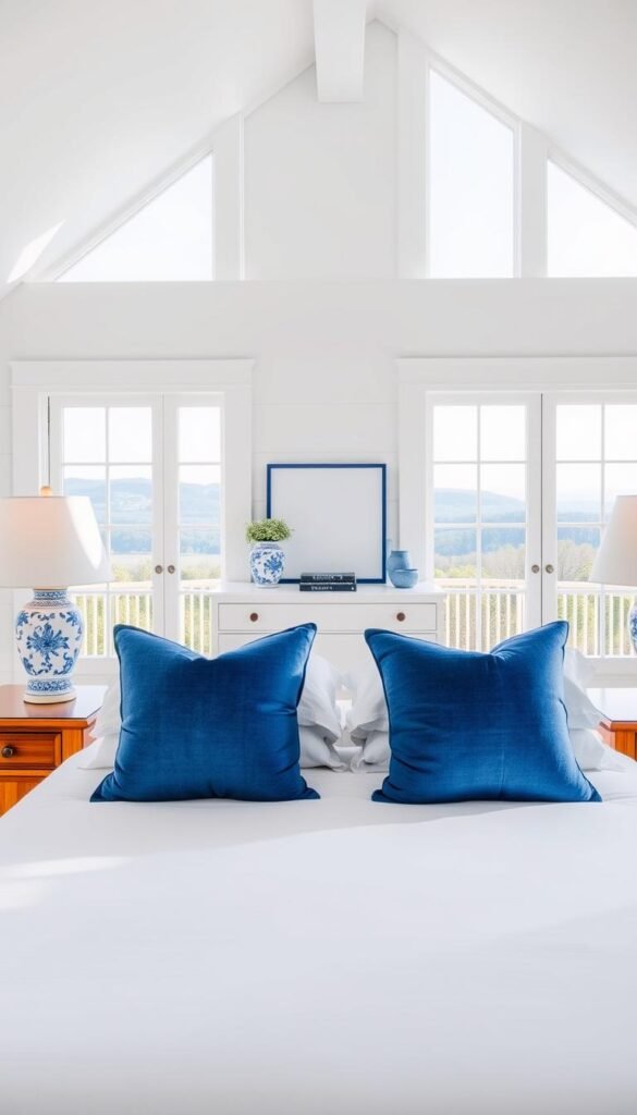 A bright, airy bedroom with a crisp, preppy aesthetic. In the foreground, a meticulously made bed with crisp white linens and plush blue accent pillows. Atop the wooden nightstands, elegant blue and white ceramic lamps cast a warm, natural glow. The middle ground features a sleek, white dresser adorned with minimal blue decor. In the background, tall windows overlooking a scenic outdoor landscape allow abundant natural light to flood the space. The overall mood is one of timeless sophistication, tranquility, and organization - a haven of relaxation.