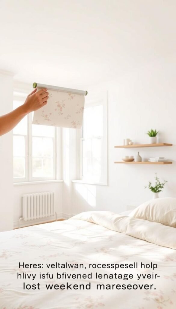 A bright, airy bedroom with crisp white walls. In the foreground, a person carefully applies removable wallpaper, smoothing out the textured surface with a squeegee. The wallpaper pattern features a delicate floral design in soft pastel hues, bringing a fresh, inviting touch to the space. Warm, diffused natural light streams in through large windows, casting a gentle glow and highlighting the effortless application process. The middle ground showcases a neatly made bed with plush bedding, complementing the wallpaper's color palette. In the background, minimal decor elements like floating shelves and a potted plant create a calming, cohesive atmosphere, emphasizing the quick, transformative nature of this weekend makeover.