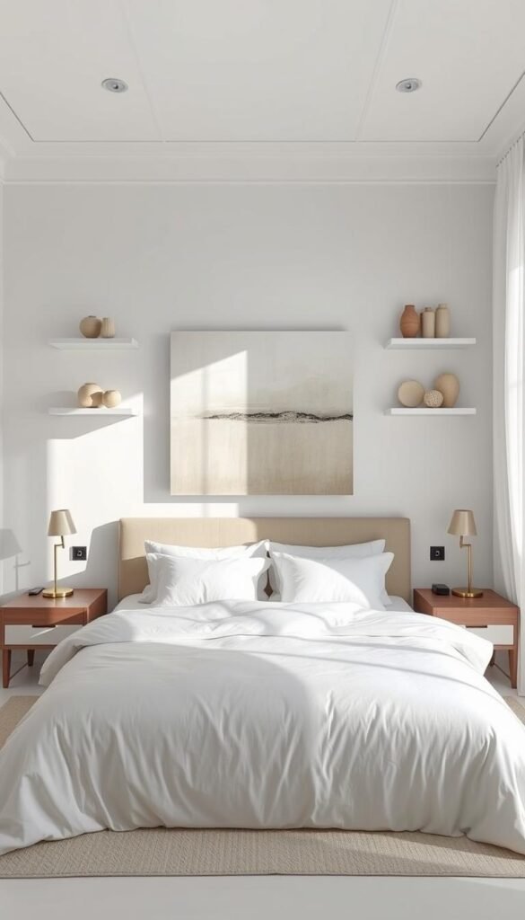 A bright, airy bedroom with pristine white walls and plush, minimalist bedding. A large abstract canvas in muted tones anchors the space, complemented by a collection of artfully displayed ceramics and sculptures on floating shelves. Soft, diffused natural light filters through sheer curtains, casting a gentle glow across the room. A pair of stylish yet functional nightstands flank the bed, each topped with a modern table lamp. The overall atmosphere is one of calm, elegant simplicity, embodying a contemporary, gallery-inspired aesthetic. A bright, airy bedroom with pristine white walls and plush, minimalist bedding. A large abstract canvas in muted tones anchors the space, complemented by a collection of artfully displayed ceramics and sculptures on floating shelves. Soft, diffused natural light filters through sheer curtains, casting a gentle glow across the room. A pair of stylish yet functional nightstands flank the bed, each topped with a modern table lamp. The overall atmosphere is one of calm, elegant simplicity, embodying a contemporary, gallery-inspired aesthetic.