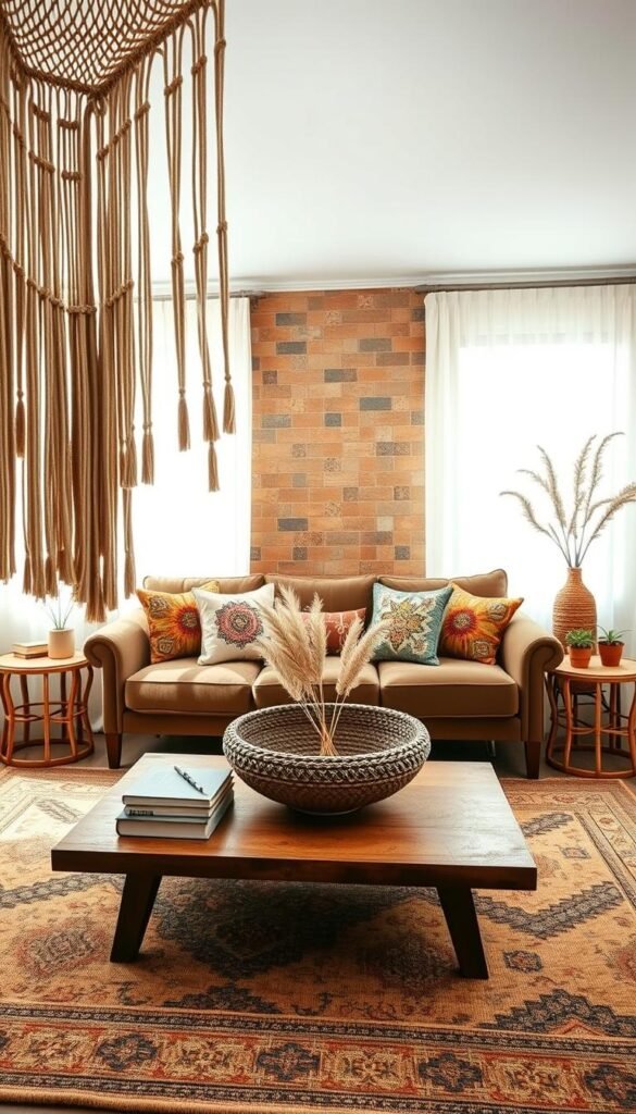 A bright, airy boho living room with an eclectic blend of global artisanal accents. In the foreground, a woven macrame wall hanging cascades from the ceiling, casting intricate shadows. On the central coffee table, a textured ceramic bowl holds stacks of vintage books and a bundle of dried pampas grass. Middle ground features a plush velvet sofa adorned with colorful embroidered pillows, flanked by rattan side tables holding potted succulents. The background showcases an accent wall of earthy terracotta tiles, complemented by a large, vintage-inspired area rug in muted earth tones. Soft, diffused natural lighting filters through sheer curtains, creating a warm, welcoming atmosphere.