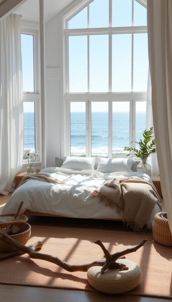 A bright, airy coastal bedroom bathed in natural sunlight streaming through large windows overlooking a serene ocean view. Soft, billowing curtains frame the scene, lending an effortless, relaxed ambiance. A plush, inviting bed with crisp white linens and cozy textured throws sits centered in the frame, inviting the viewer to imagine waking up to the gentle sound of waves. Accents of driftwood, woven textures, and a touch of greenery complete the tranquil, restorative atmosphere, creating a calming sanctuary that feels like a luxurious seaside retreat. A bright, airy coastal bedroom bathed in natural sunlight streaming through large windows overlooking a serene ocean view. Soft, billowing curtains frame the scene, lending an effortless, relaxed ambiance. A plush, inviting bed with crisp white linens and cozy textured throws sits centered in the frame, inviting the viewer to imagine waking up to the gentle sound of waves. Accents of driftwood, woven textures, and a touch of greenery complete the tranquil, restorative atmosphere, creating a calming sanctuary that feels like a luxurious seaside retreat.