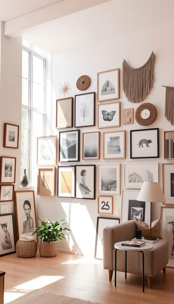 A bright, airy gallery wall featuring an eclectic mix of framed art prints, canvases, and minimalist wall hangings. The arrangement is thoughtfully curated, with pieces in varying sizes, textures, and styles carefully positioned to create a cohesive, visually striking display. Natural light streams in through large windows, casting a warm, inviting glow across the gallery. The walls are a clean, neutral hue, allowing the artwork to take center stage. The overall atmosphere is one of refined sophistication and elevated aesthetic, inspiring viewers to thoughtfully consider how to artfully adorn their own living spaces.