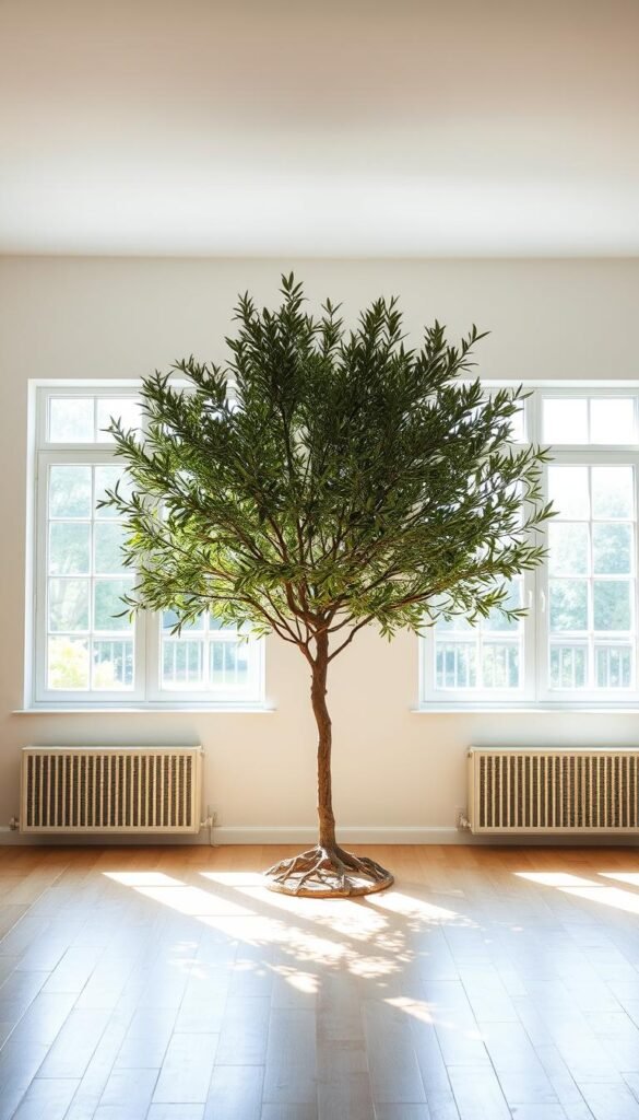 A bright, airy living room filled with natural light. At the center, an olive tree stands tall and proud, its lush foliage casting a gentle, verdant glow. The tree is carefully positioned to draw the eye, framed by two large windows that offer a picturesque view of a tranquil outdoor setting. The lighting is soft and diffused, highlighting the tree's intricate branches and the delicate interplay of shadows on the hardwood floors. The room is sparsely furnished, allowing the olive tree to take center stage and command attention. The overall atmosphere is one of simplicity, serenity, and a touch of rustic elegance.