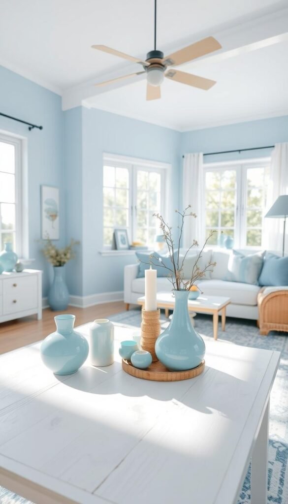 A bright, airy living room with a blue color scheme, showcasing an assortment of light blue home decor pieces. The foreground features a curated selection of vases, candles, and decorative accents in varying shades of blue, arranged on a white wood-topped table. The middle ground depicts a plush, light blue area rug complementing the soft, pale blue walls. Sunlight streams in through large windows, casting a warm, natural glow across the space. The background subtly incorporates additional light blue elements, such as curtains or throw pillows, creating a cohesive and soothing atmosphere. The overall scene conveys a sense of tranquility and summer freshness, inspiring viewers to envision how to incorporate light blue decor into their own living spaces.