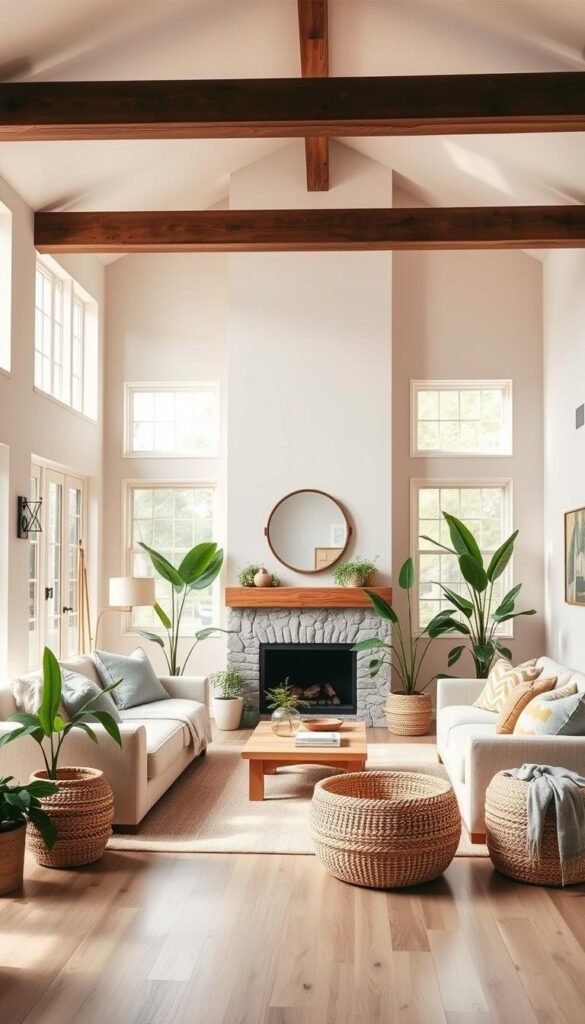A bright, airy living room with a warm, neutral color palette. The focus is on natural textures and organic shapes, with plush seating and a cozy fireplace. Lush, verdant plants add pops of vibrant green, creating a sense of balance and harmony. Diffused lighting from large windows casts a soft, ambient glow, accentuating the room's serene atmosphere. Carefully placed decor elements, such as wooden accents and woven baskets, contribute to the overall rustic, sophisticated vibe. The room exudes a sense of calm and relaxation, inviting the viewer to unwind in this carefully curated, welcoming space.