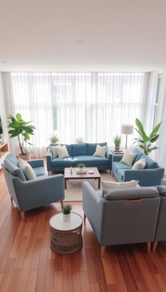 A bright, airy living room with an open, flexible furniture layout. A large, plush blue sofa is positioned centrally, with two matching armchairs and a low coffee table forming a cozy seating area. Soft natural light filters in through large windows, creating a serene, summery ambiance. Sheer white curtains billow gently. Wooden floors and minimal decor allow the space to feel uncluttered and inviting. Potted plants and a few decorative accents add pops of greenery. The layout encourages a free-flowing, adaptable use of the space, perfect for hosting gatherings or relaxing.