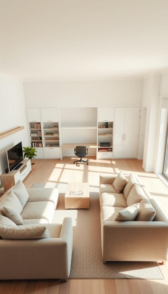 A bright, airy living room with distinct functional zones. In the foreground, a cozy seating area with a plush L-shaped sofa and two armchairs arranged around a low coffee table. Sunlight streams in through large windows, creating a warm, inviting atmosphere. In the middle ground, a dedicated workspace with a sleek desk and ergonomic chair, perfect for remote work or study. The background features built-in bookshelves and a minimalist entertainment unit, seamlessly integrating technology into the design. Neutral tones, natural textures, and strategic lighting create a harmonious, contemporary aesthetic that encourages productivity and relaxation.