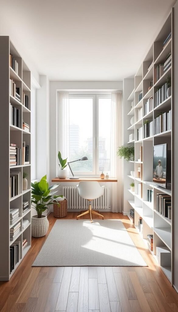 A bright, airy modern apartment interior with a focus on vertical space utilization. In the foreground, sleek floor-to-ceiling shelving units line the walls, expertly organized with books, plants, and decorative accents. The middle ground features a minimal, floating desk and chair arrangement, maximizing the limited floor space. Soft, diffused natural light streams in through large windows, casting a warm glow throughout the room. The background showcases a neutral color palette of whites, grays, and natural wood tones, creating a calm, harmonious atmosphere. Hints of greenery and subtle metallic accents add visual interest and depth to the compact, efficiently designed living space. A bright, airy modern apartment interior with a focus on vertical space utilization. In the foreground, sleek floor-to-ceiling shelving units line the walls, expertly organized with books, plants, and decorative accents. The middle ground features a minimal, floating desk and chair arrangement, maximizing the limited floor space. Soft, diffused natural light streams in through large windows, casting a warm glow throughout the room. The background showcases a neutral color palette of whites, grays, and natural wood tones, creating a calm, harmonious atmosphere. Hints of greenery and subtle metallic accents add visual interest and depth to the compact, efficiently designed living space.
