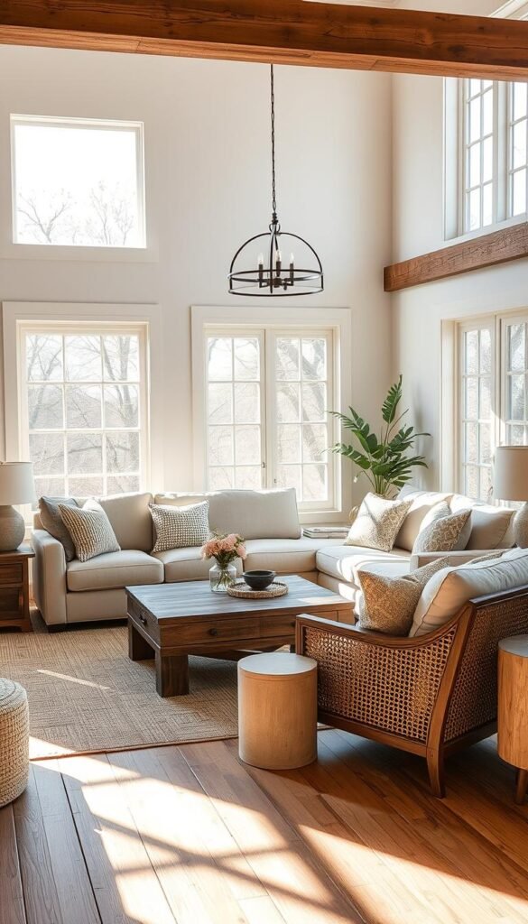A bright, airy modern rustic living room with a plush, neutral-toned sectional sofa, a rustic wood coffee table, and a pair of cozy armchairs arranged around a central seating area. Sunlight streams in through large windows, casting a warm glow on the natural wood accents and woven textures. Complementary hues of beige, earthy greens, and muted blues create a cohesive, inviting palette. A subtle mix of industrial and farmhouse elements, such as a statement pendant light and distressed wood side tables, blends the modern and rustic aesthetics. The overall atmosphere is one of relaxed sophistication, where comfort and style effortlessly coexist.
