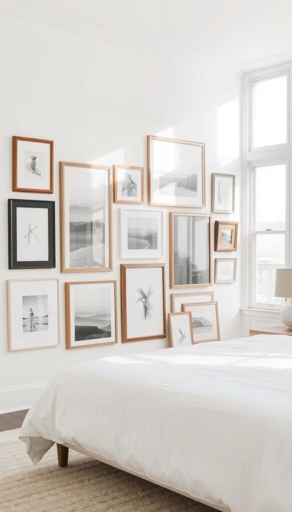 A bright, airy white bedroom with a neutral wall showcasing an artful arrangement of framed paintings and photographs. The frames vary in size, shape, and material, creating a harmonious yet eclectic display. Soft, diffused natural light filters in through large windows, casting a gentle glow over the carefully curated collection. The pieces feature a mix of abstract, landscape, and portrait subjects, united by a cohesive color palette of whites, grays, and soft pastels. The arrangement is balanced, with pieces of varying heights and orientations, drawing the eye across the wall. The overall effect is one of understated elegance and personal expression, elevating the simple white space into a visually captivating focal point.