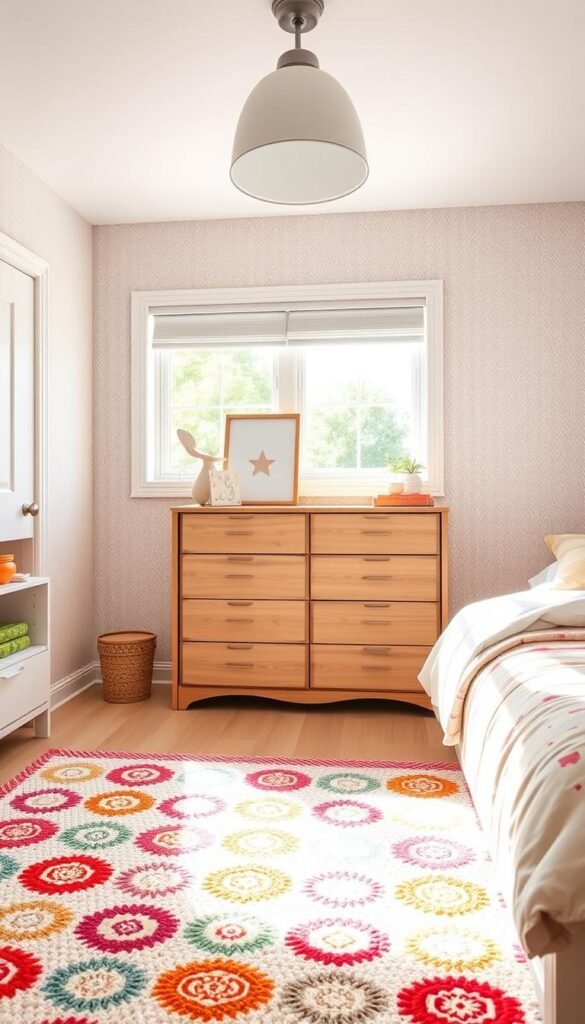 A bright and airy kids' bedroom with a focus on durable, washable materials. In the foreground, a plush area rug made of stain-resistant synthetic fibers in a vibrant, playful pattern. In the middle ground, a sturdy wooden dresser with rounded edges and a smooth, easy-to-clean finish. On the walls, textured wallpaper in a neutral hue that can withstand little hands. Overhead, a modern light fixture with a wipeable glass shade. Through the windows, sunlight streams in, illuminating the space with a cheerful, energetic atmosphere. The overall scene conveys a sense of practicality and durability, perfect for a lively child's room.