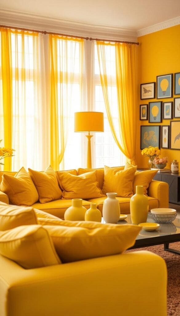 A bright and cheerful living room filled with vibrant yellow accents. In the foreground, a plush velvet sofa adorned with an array of cozy throw pillows in varying shades of yellow. On the coffee table, a set of decorative vases and ceramic dishes in sunny hues. The middle ground features a statement floor lamp with a yellow shade, casting a warm glow across the space. Framing the windows, sheer yellow curtains billow gently, allowing natural light to flood the room. The background showcases a gallery wall of framed art prints with pops of yellow, complementing the overall color scheme. The scene exudes a sense of warmth, happiness, and a touch of retro-inspired style.
