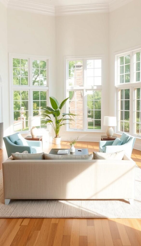 A bright, crisp living room with a timeless color palette. The room is flooded with natural light, casting a warm, even glow over the space. In the foreground, a plush, neutral-toned sofa sits atop a soft, textured area rug. Framing the sofa, two matching armchairs in a classic light blue upholstery provide additional seating. The middle ground features a sleek, dark wood coffee table, complemented by a pair of minimalist table lamps. The background showcases tall windows with white trim, allowing the outdoors to peek in and accentuate the airy, open feel of the room. Touches of greenery, such as a potted plant, add a fresh, organic element to the space. Overall, the scene conveys a sense of timeless sophistication and relaxed comfort.