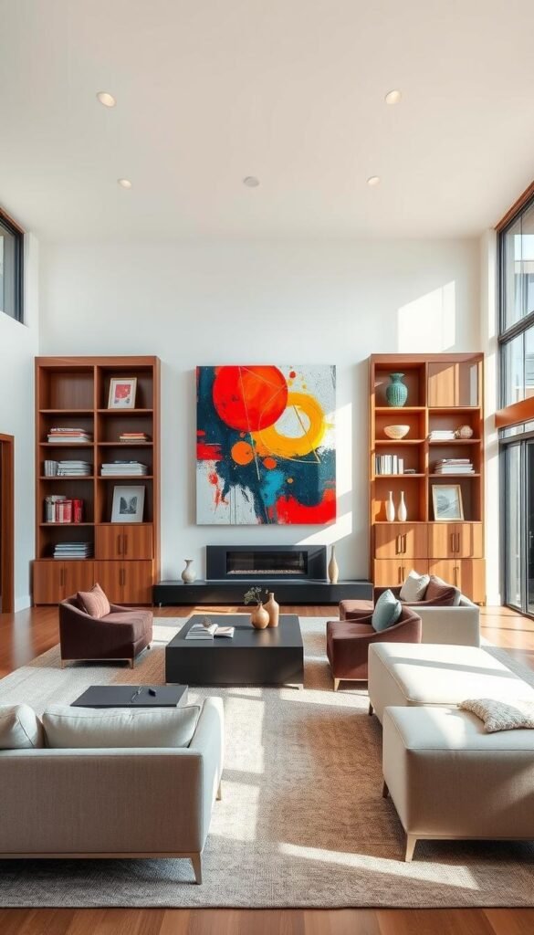 A bright, modern living room with a dramatic statement wall showcasing a curated collection of abstract art pieces. The focal point is a large, eye-catching canvas in vibrant hues that commands attention. Complementing the art, custom-built walnut bookcases and storage units flank the wall, creating a cohesive, high-end look. Abundant natural light streams in through floor-to-ceiling windows, casting a warm, inviting glow. The room is furnished with minimalist, contemporary sofas and accent chairs in neutral tones, allowing the artwork and built-ins to take center stage. Overall, the space exudes a sense of luxury, sophistication, and a love for art and design.