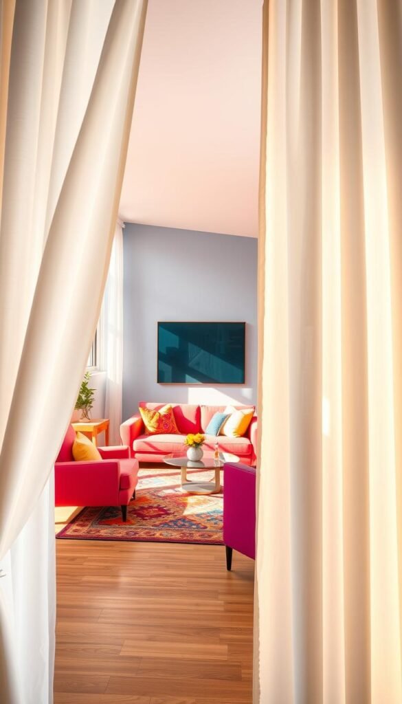 A bright, modern living room with crisp white curtains framing the vibrant colors of the space. In the foreground, the curtains billow gracefully, their folds catching the warm natural light streaming in through the large windows. The middle ground features a plush sofa and armchair in vibrant hues, complemented by colorful throw pillows and a striking area rug. The background showcases a minimalist, yet bold color palette on the walls, creating a visually stunning and cohesive scene. The lighting is soft and diffused, adding to the inviting atmosphere. Captured with a wide-angle lens, this image conveys a sense of openness and sophistication, perfectly illustrating the idea of framing vibrant colors with clean, white curtains.