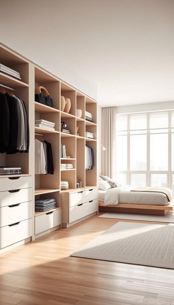 A bright, well-lit bedroom with clean, minimalist decor. In the foreground, a sleek, modular wall unit with strategically placed shelves, drawers, and cubbies for storing clothing, books, and decor pieces. The middle ground showcases a minimalist platform bed with crisp white bedding and accent pillows. In the background, large windows flood the room with natural light, creating a serene, airy atmosphere. The overall aesthetic is modern, functional, and visually appealing, showcasing smart storage solutions that maximize limited bedroom space.