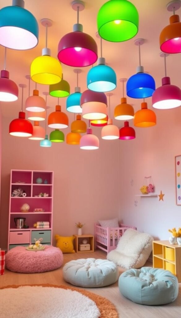 A brightly lit kids' bedroom with a whimsical, playful atmosphere. A vibrant mix of colorful pendant lights in various shapes and sizes hang from the ceiling, casting a warm, soft glow across the room. The lights are arranged in a dynamic, asymmetrical pattern, creating visual interest and a sense of movement. The walls are painted in a cheerful pastel palette, complemented by playful wall decals or artwork. Plush, cozy rugs and textiles add texture, while a mix of playful furniture, like beanbags and low-profile shelves, invite children to explore and interact. The overall lighting design strikes a balance between functionality and pure delight, perfectly suited for a space that encourages imagination and wonder.