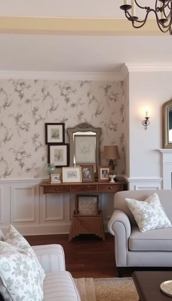 A charming cottage-style living room with a focal point of beautiful wall treatments. In the foreground, delicate floral wallpaper or paneled wood wainscoting adds a cozy, inviting ambiance. The middle ground showcases a mix of rustic and vintage-inspired decor, like framed botanical prints and a distressed farmhouse-style mirror. The background features soft, warm lighting from wall sconces or a chandelier, casting a gentle glow over the space. The overall atmosphere is one of timeless elegance and country-chic style, perfect for a modern cottage living room.