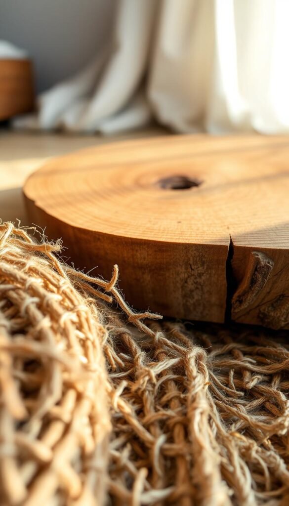 A close-up, high-resolution image of a textured natural material surface, with a warm, earthy tone and a slightly matte finish. The foreground should showcase a variety of natural fibers, such as jute, linen, or hemp, interwoven in an organic, irregular pattern. The middle ground should feature the subtle grain and knots of a rustic wooden plank or slab, illuminated by soft, diffused lighting from the side. The background should be a clean, minimalist space, with hints of neutral-toned fabrics or wooden furniture, creating a calming, serene atmosphere that complements the natural textures in the frame. A close-up, high-resolution image of a textured natural material surface, with a warm, earthy tone and a slightly matte finish. The foreground should showcase a variety of natural fibers, such as jute, linen, or hemp, interwoven in an organic, irregular pattern. The middle ground should feature the subtle grain and knots of a rustic wooden plank or slab, illuminated by soft, diffused lighting from the side. The background should be a clean, minimalist space, with hints of neutral-toned fabrics or wooden furniture, creating a calming, serene atmosphere that complements the natural textures in the frame.