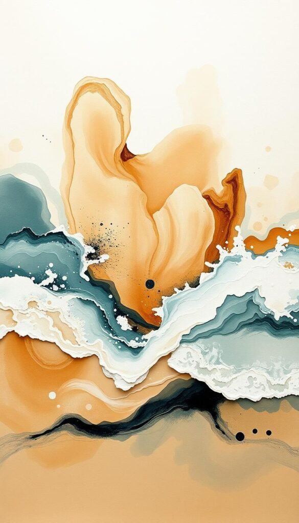 A coastal-inspired abstract seascape painting, with fluid brushstrokes evoking crashing ocean waves and the tranquil swell of the sea. Warm, muted tones of blues, greens, and sand create a serene, calming atmosphere. The composition features a central focal point of a large, organic shape reminiscent of a coral or driftwood form, surrounded by softer, ethereal elements that draw the eye inward. Soft, diffused lighting casts a gentle glow over the scene, as if illuminated by the golden hour sun. The overall mood is one of peaceful, natural harmony, perfectly suited to adorn the walls of a modern coastal farmhouse living room. A coastal-inspired abstract seascape painting, with fluid brushstrokes evoking crashing ocean waves and the tranquil swell of the sea. Warm, muted tones of blues, greens, and sand create a serene, calming atmosphere. The composition features a central focal point of a large, organic shape reminiscent of a coral or driftwood form, surrounded by softer, ethereal elements that draw the eye inward. Soft, diffused lighting casts a gentle glow over the scene, as if illuminated by the golden hour sun. The overall mood is one of peaceful, natural harmony, perfectly suited to adorn the walls of a modern coastal farmhouse living room.