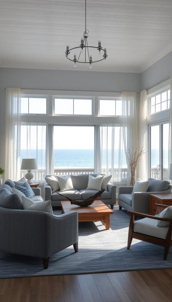 A coastal-inspired living room bathed in serene blues and grays. The sun-drenched space features a plush gray sofa accented with fluffy white pillows, complemented by a pair of matching armchairs. A cozy area rug in shades of blue grounds the scene, while large windows frame a picturesque view of the nearby ocean. Delicate sheer curtains billow gently, creating a calming atmosphere. Warm wooden accents, such as a low coffee table and side tables, add depth and texture. Subtle nautical touches, like a driftwood-inspired sculpture, evoke the tranquility of the coastal lifestyle. Soft, diffused lighting from a minimalist chandelier overhead casts a serene glow, inviting relaxation and contemplation.