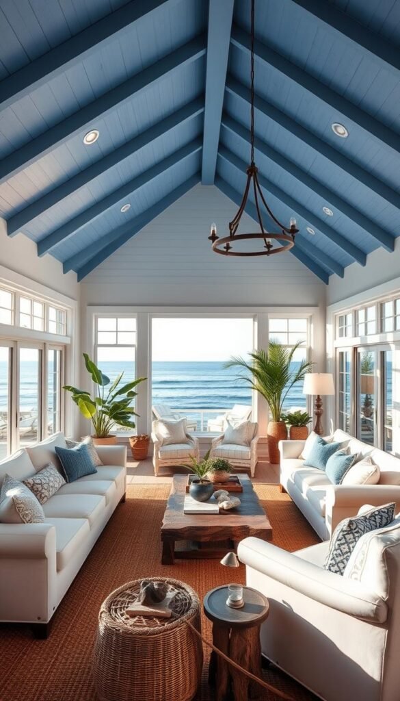 A coastal living room with a stunning blue vaulted ceiling, bathed in soft natural light filtering through large windows overlooking a serene ocean view. Plush white sofas and armchairs arranged in a cozy conversation area, accented by driftwood coffee tables and woven textiles. Lush potted palms and driftwood decor create a relaxed, organic ambiance. The room is illuminated by a mix of recessed lighting and a rustic iron chandelier, casting warm, inviting shadows. The overall mood is one of tranquil sophistication, perfectly capturing the essence of a beautiful blue and white coastal living space.