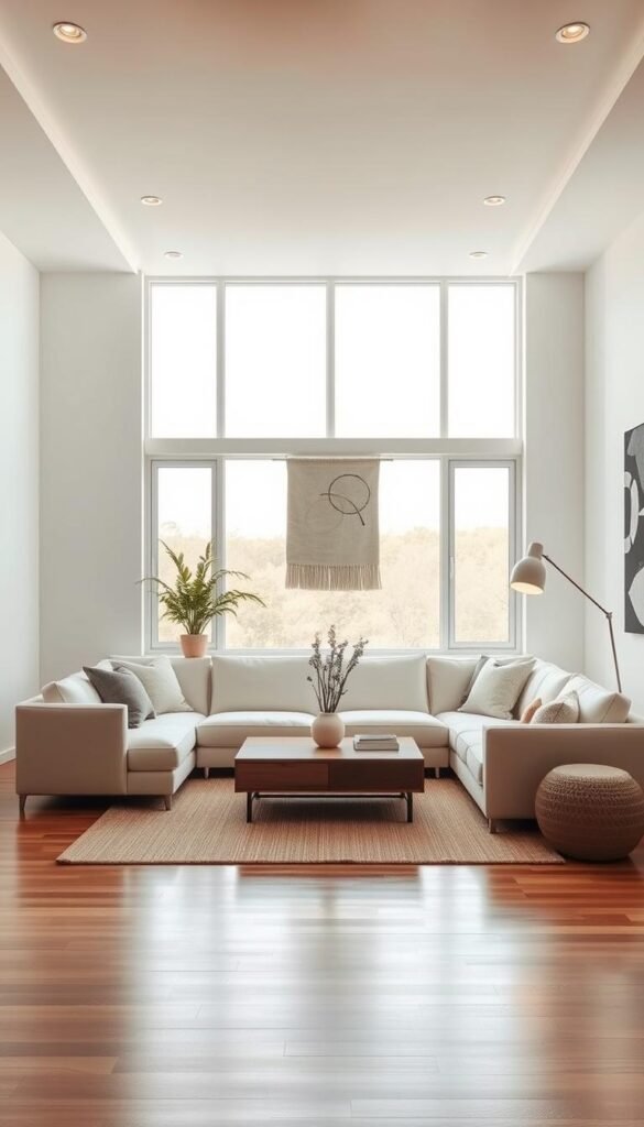 A cohesive minimalist living room with a clean, serene ambiance. A large picture window floods the space with natural light, casting a warm glow on the neutral palette. Plush, off-white furniture – a modular sofa and a low, wooden coffee table – anchors the room. Carefully curated decor, such as a large, abstract wall hanging and a potted plant, add subtle pops of interest. The floors are polished hardwood, complemented by a textured, neutral area rug. Recessed lighting and floor lamps provide soft, uniform illumination, creating a calming atmosphere. The overall design is harmonious, with an emphasis on simplicity and functionality, reflecting the principles of modern minimalist style. A cohesive minimalist living room with a clean, serene ambiance. A large picture window floods the space with natural light, casting a warm glow on the neutral palette. Plush, off-white furniture – a modular sofa and a low, wooden coffee table – anchors the room. Carefully curated decor, such as a large, abstract wall hanging and a potted plant, add subtle pops of interest. The floors are polished hardwood, complemented by a textured, neutral area rug. Recessed lighting and floor lamps provide soft, uniform illumination, creating a calming atmosphere. The overall design is harmonious, with an emphasis on simplicity and functionality, reflecting the principles of modern minimalist style.