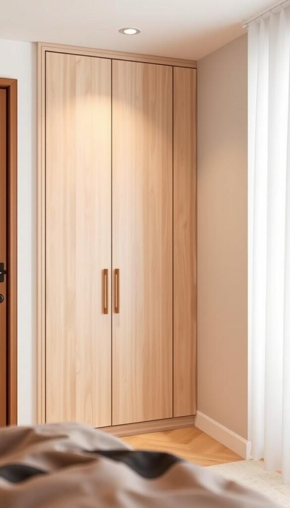 A compact, contemporary corner wardrobe design for a small bedroom. The wardrobe features clean lines and a sleek, minimalist aesthetic, with a light wood finish that complements the room's soft, neutral color palette. The wardrobe is positioned snugly in the corner, maximizing the available space while creating a harmonious visual flow. Warm, diffused lighting illuminates the scene, accentuating the wardrobe's clean design and the cozy ambiance of the bedroom. The camera angle captures the wardrobe at a slight diagonal, showcasing its efficient use of the corner space and creating a sense of depth and dimension. The overall impression is one of a well-designed, space-saving storage solution that seamlessly integrates with the modern, inviting bedroom environment.