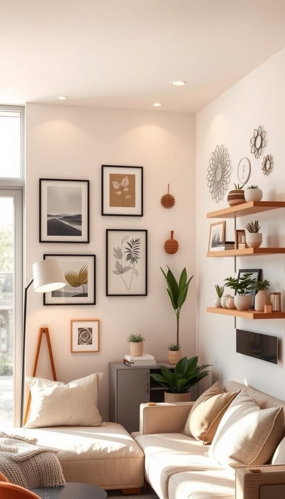 A compact living room with a minimalist, modern aesthetic. The walls are adorned with a variety of artfully arranged wall decor pieces, including framed abstract paintings, sleek metal wall sculptures, and natural wood shelving displaying potted plants and decorative objects. Soft, warm lighting from recessed ceiling fixtures and a floor lamp create a cozy, inviting ambiance. The room is flooded with natural light from large windows, casting a gentle glow on the carefully curated wall displays. The overall composition emphasizes the clever use of vertical space and creative wall decor to enhance the sense of visual interest and personality within the limited square footage. A compact living room with a minimalist, modern aesthetic. The walls are adorned with a variety of artfully arranged wall decor pieces, including framed abstract paintings, sleek metal wall sculptures, and natural wood shelving displaying potted plants and decorative objects. Soft, warm lighting from recessed ceiling fixtures and a floor lamp create a cozy, inviting ambiance. The room is flooded with natural light from large windows, casting a gentle glow on the carefully curated wall displays. The overall composition emphasizes the clever use of vertical space and creative wall decor to enhance the sense of visual interest and personality within the limited square footage.