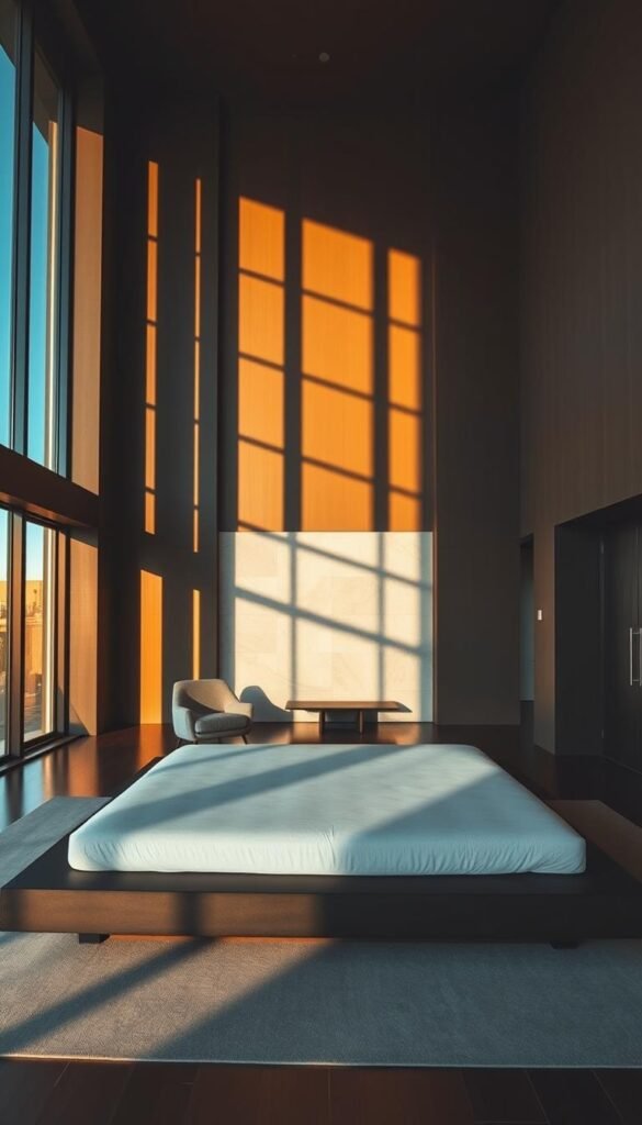 A contemporary bedroom with dramatic contrasting elements. In the foreground, a massive, sleek platform bed dominates the space, its scale and minimalist design creating a striking focal point. Flanking the bed, towering floor-to-ceiling windows bathe the room in warm, natural light, casting dramatic shadows that play across the walls. The middle ground features a large, sculptural armchair and a low-slung, mid-century inspired side table, their proportions balanced and purposeful. In the background, a feature wall with a geometric pattern adds visual depth and texture, complementing the clean lines of the furniture. The overall atmosphere is one of modern luxury, where scale and proportion create a dynamic and immersive visual experience.