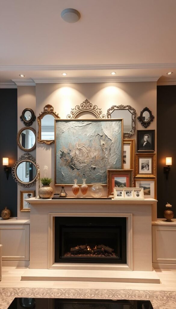 A contemporary fireplace wall showcasing a layered visual display. In the foreground, an abstract artwork with bold, textured brushstrokes and a metallic finish commands attention. Strategically placed, a series of ornate mirrors in varying shapes and sizes create the illusion of depth and dimension. The midground features a mix of framed paintings, photographs, and decorative objects, artfully arranged to complement the central artwork. Soft, warm lighting from recessed fixtures and wall sconces casts a cozy, inviting glow, enhancing the luxurious ambiance. The background maintains a muted, neutral palette, allowing the layered artwork and reflective surfaces to take center stage. The overall composition strikes a harmonious balance between modern sophistication and artistic flair.
