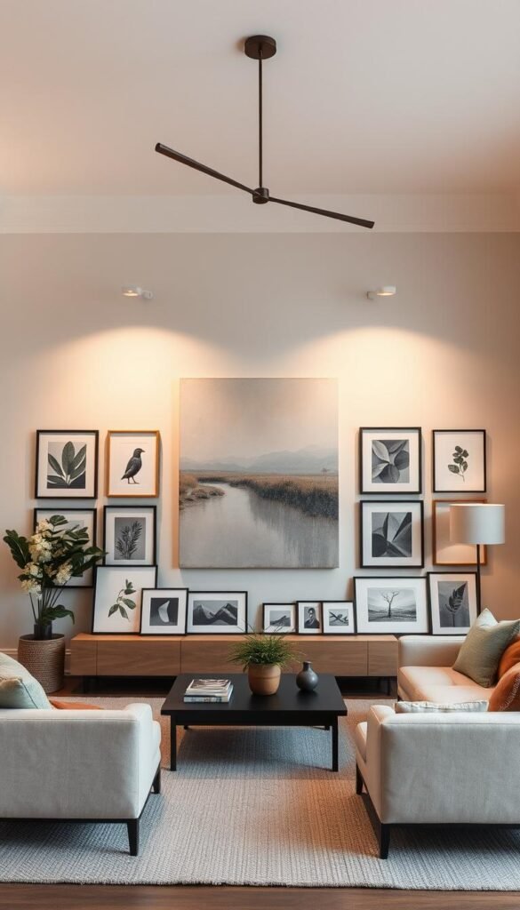 A contemporary living room with a thoughtfully curated artwork display. The focal point is a large, abstract canvas in muted tones that commands attention. Surrounding it are smaller, framed pieces in a variety of media - photography, printmaking, and mixed media - arranged in a balanced, asymmetrical layout. The room is bathed in warm, diffused lighting from a minimalist ceiling fixture, creating a serene and contemplative atmosphere. The walls are painted in a soft, neutral shade that allows the artwork to shine. The furniture is modern and understated, with clean lines and natural materials that complement the artwork.