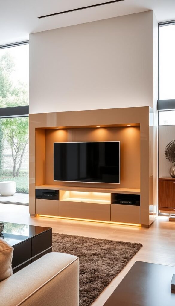 A contemporary, meticulously crafted TV unit in a luxurious living room setting. The unit features a sleek, minimalist design with clean lines and a high-end, glossy finish in a warm, neutral tone that complements the room's decor. Strategically placed LED lighting illuminates the unit's recessed shelves, casting a soft, ambient glow. The unit's modular design allows for customizable storage and display options, seamlessly integrating with the surrounding furniture. Large windows flood the space with natural light, creating a bright, airy atmosphere that emphasizes the unit's elegant aesthetic. Subtle textures, such as natural wood accents or brushed metal hardware, add depth and visual interest to the design. A contemporary, meticulously crafted TV unit in a luxurious living room setting. The unit features a sleek, minimalist design with clean lines and a high-end, glossy finish in a warm, neutral tone that complements the room's decor. Strategically placed LED lighting illuminates the unit's recessed shelves, casting a soft, ambient glow. The unit's modular design allows for customizable storage and display options, seamlessly integrating with the surrounding furniture. Large windows flood the space with natural light, creating a bright, airy atmosphere that emphasizes the unit's elegant aesthetic. Subtle textures, such as natural wood accents or brushed metal hardware, add depth and visual interest to the design.