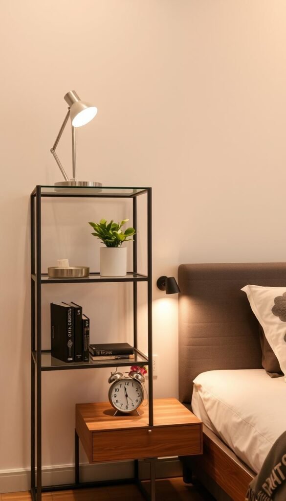A contemporary, minimalist bedroom with a sleek, functional decor display. In the foreground, a metal and glass shelving unit showcases various utilitarian objects - a sleek lamp, a plant in a modern pot, and a few hardcover books. The middle ground features a low-profile wooden nightstand with a simple alarm clock and a small vase of fresh flowers. The background depicts a neutral-toned wall with subtle, warm lighting that creates a cozy, tranquil atmosphere. The overall scene conveys a sense of sophisticated, grown-up style with a focus on practical, well-designed elements.