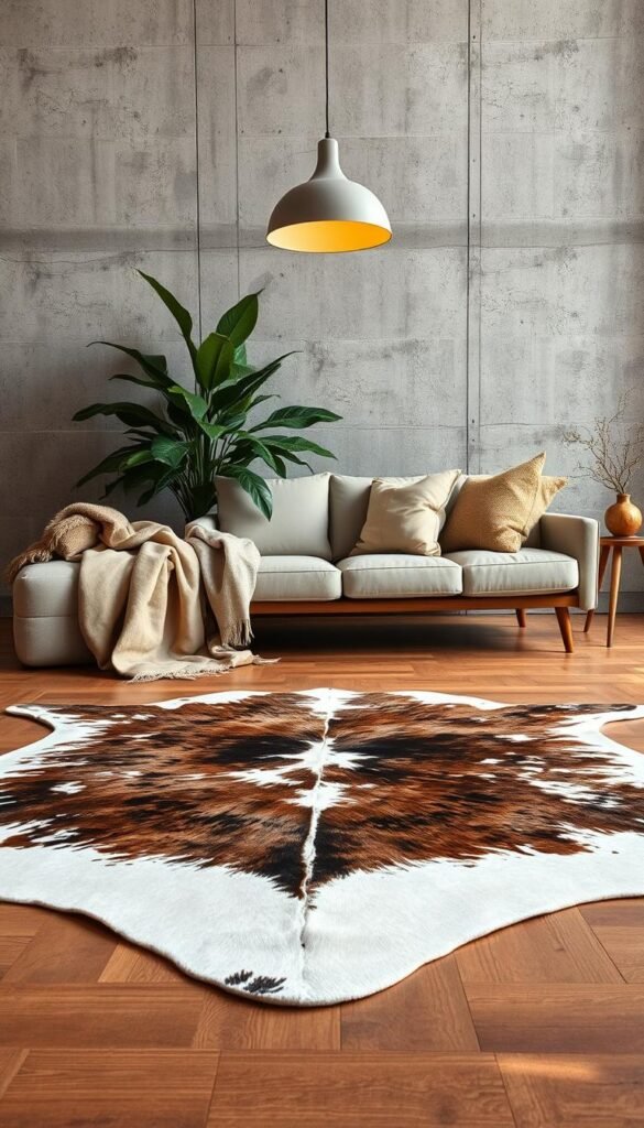 A cowhide rug with a distinct pattern rests on a wooden floor, surrounded by a mix of textured elements. In the foreground, the rug's soft, natural fibers contrast with the rough, worn surface of the hardwood. Soft, plush fabrics in neutral tones drape over a mid-century modern sofa, creating a sense of comfort and warmth. Overhead, a sleek, minimalist pendant light casts a warm, diffused glow, illuminating the scene. In the background, a textured concrete wall adds an industrial edge, while a large, lush houseplant softens the space, blending the natural and man-made elements together. The overall atmosphere is one of refined, modern Western living, where the mixture of textures and materials creates a harmonious and inviting environment. A cowhide rug with a distinct pattern rests on a wooden floor, surrounded by a mix of textured elements. In the foreground, the rug's soft, natural fibers contrast with the rough, worn surface of the hardwood. Soft, plush fabrics in neutral tones drape over a mid-century modern sofa, creating a sense of comfort and warmth. Overhead, a sleek, minimalist pendant light casts a warm, diffused glow, illuminating the scene. In the background, a textured concrete wall adds an industrial edge, while a large, lush houseplant softens the space, blending the natural and man-made elements together. The overall atmosphere is one of refined, modern Western living, where the mixture of textures and materials creates a harmonious and inviting environment.
